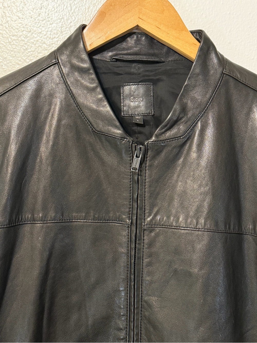 Gap Men's Black Genuine motorcycle Leather Jacket L Full Zip Band Collar